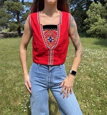 Vintage Norwegian Bunad Vest Red Wool w/ Beaded Brystduk Telemark Folk Bodice