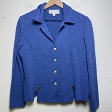 St. John Women Wool Knit Blazer 6 Blue Pearl Button Santana Knit Jacket Gold
