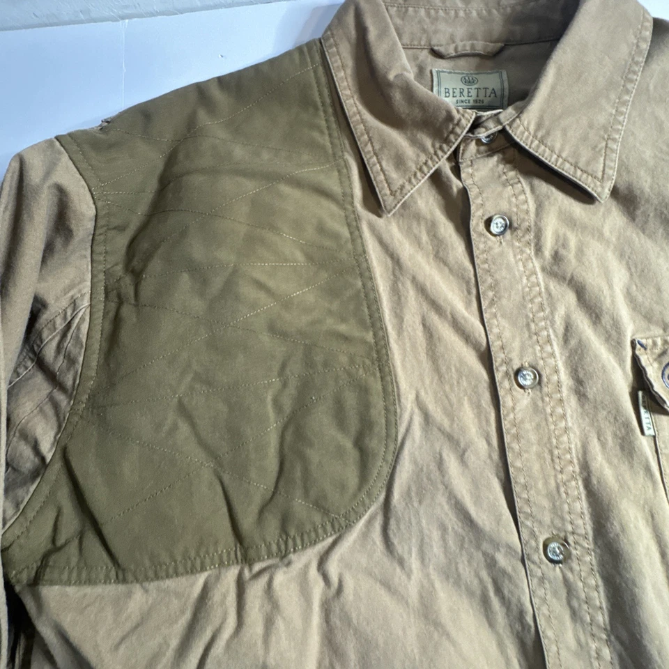 Camisa Beretta Botones Para Hombres L Marrón Beige Campo Tiro Pájaro Caza Algodón De Colección Foto 3 de 4