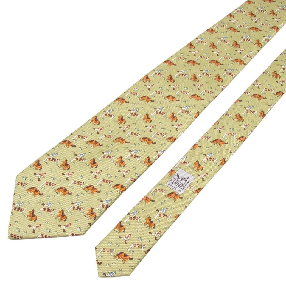 HERMES Neck Tie Green Orange Horse Unused mint gift - Image 3 of 4