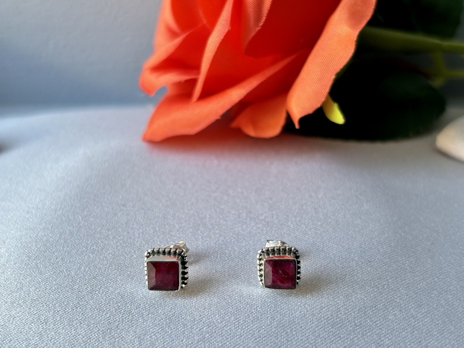 Sterling Silver Ruby Red Square Bezel Stud Earrin… - image 1