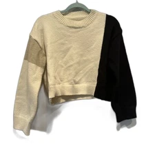 Sweater Women sz Small Tight Thick Knit Pullover Cream Black Color Block Warm