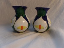 Set of 2 Dominga Pena Hand Painted Pottery Vases Mexico 5" Tall Blue & White