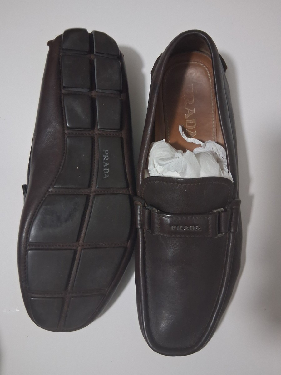 PRADA Brown Leather Loafers Square Toe Logo Buckle Men's Dress