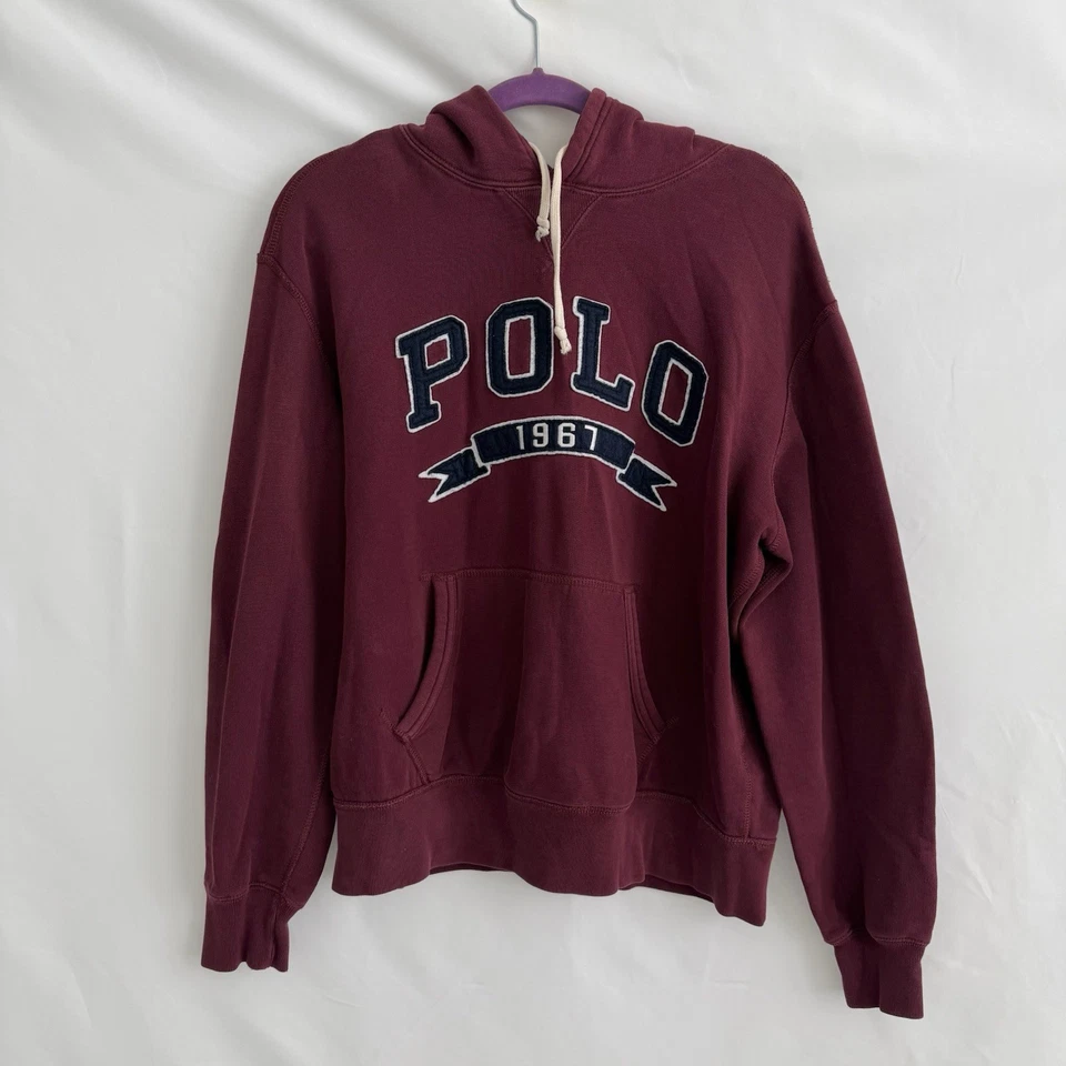 Ralph Lauren Polo 1967 Fleece Hoodie Burgundy w/Navy Felt Lettering Women size L - Image 2 of 4