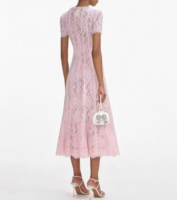 NEW Self-Portrait Pink Lace Round Neck Short Sleeve A-line Midi Dress | eBay