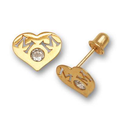 14k Yellow & White Gold Mom Heart Shape with CZ Screw Back Earrings for Women