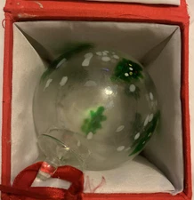 RARE Art Glass Murano-Style Xmas Tree Hand Blown Painted Clear Ball Ornament 5”