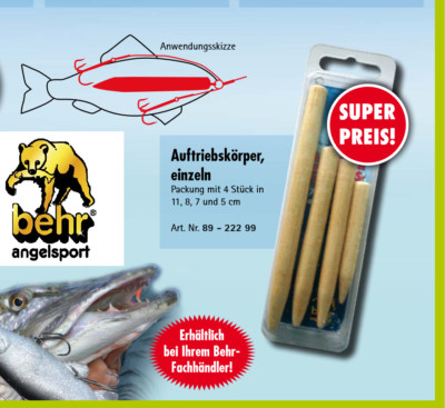 Auftriebskörper Set 4 Stück Auftriebsholz Deadbaiting Raubfischangeln Köder Behr