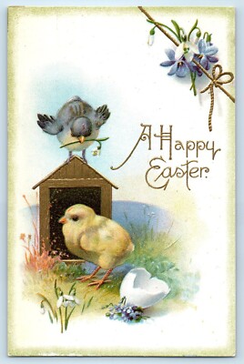 c1910's Easter Little Chick Bird Hatched Egg Flowers Embossed Antique Postcard