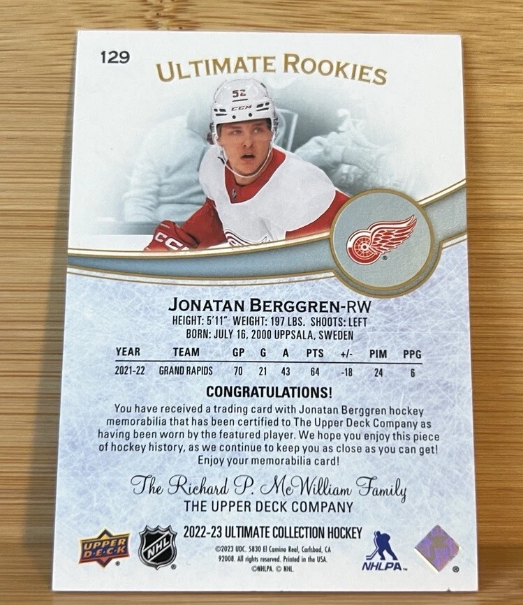 Jonatan Berggren 22-23 UD Ultimate Collection Ultimate Rookies Jersey /799 - Image 2 of 2