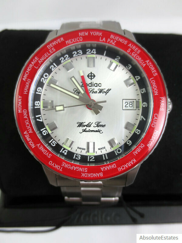 NEW Zodiac Super Sea Wolf GMT World Time Automatic Silver Red