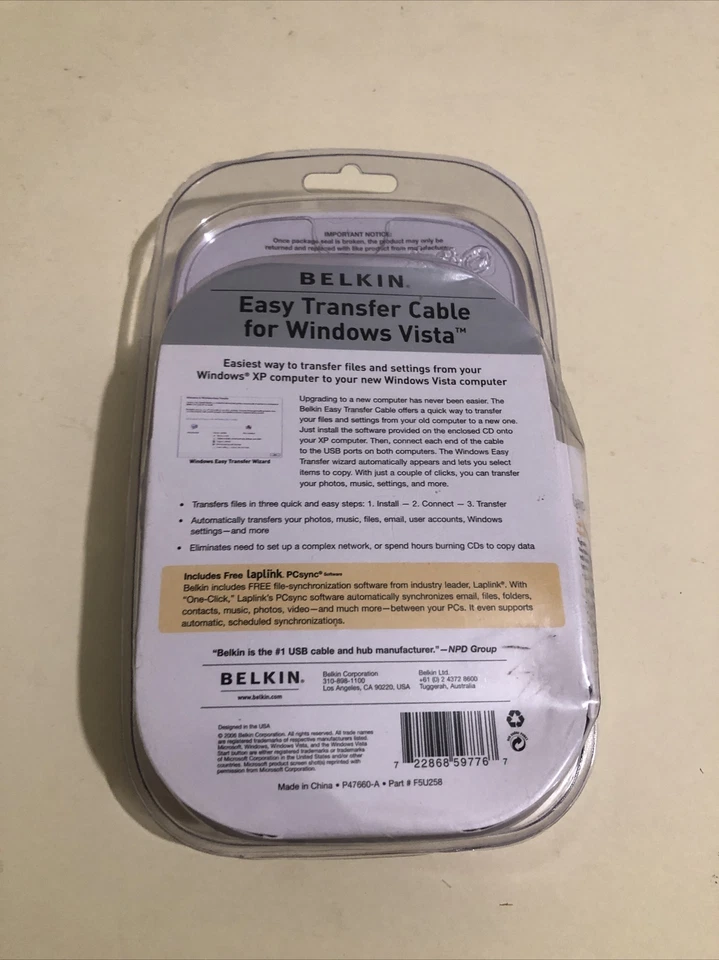 Belkin F5U258 Easy Transfer Cable for Windows Vista New and Sealed - Image 2 of 2