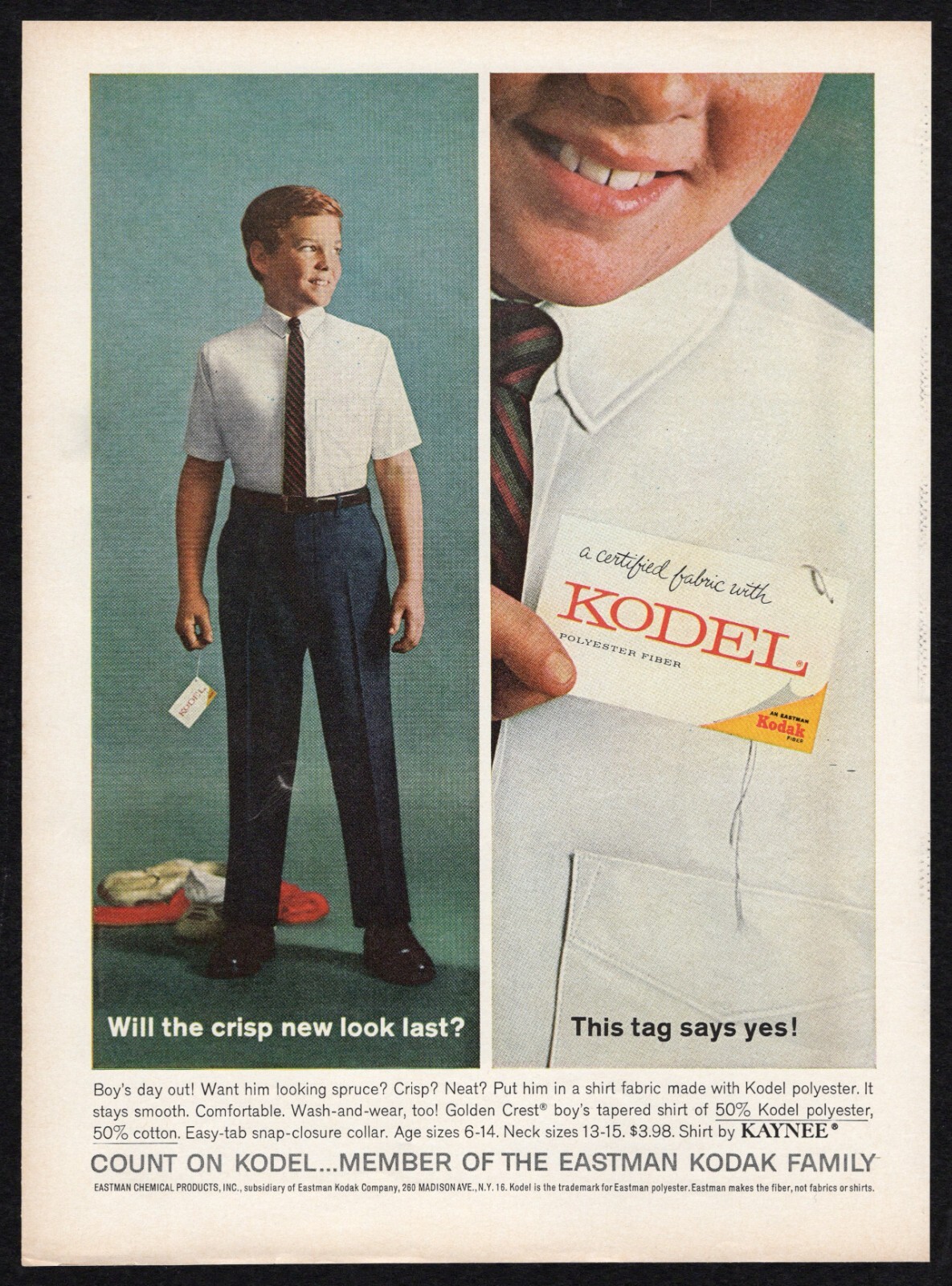 1963 Kodel Polyester Fiber Eastman Kodak Kaynee Crisp New Look Boys Print Ad Vtg