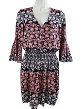 ELIZA J FLORAL DRESS MINI SMOCKED WAIST FLARE SLEEVE HENLEY BODICE V NECK SZ 4
