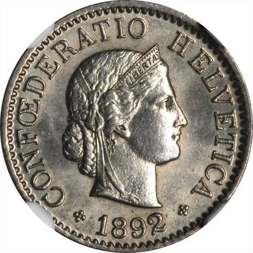 1892 Switzerland 5 Rappen, NGC MS 64, KM 26