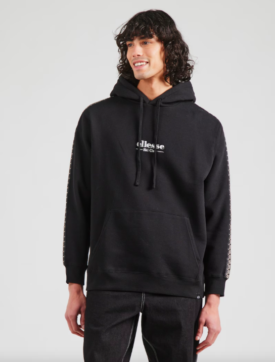 Ellesse Mens Hoodie Bering Medium Retro 80s Taped Sleeves Logo Black