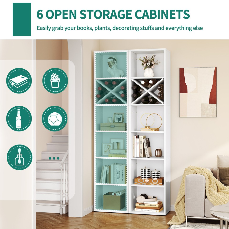 71" Tall Bookcase Narrow Bookshelf w/ Wine Rack Open Storage Shelves