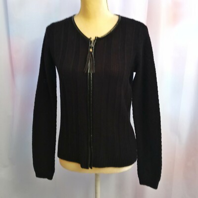 Cynthia Rowley Black Full Zip Faux Leather Trim Tassel Cardigan Sweater S 