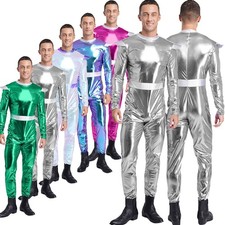DE Herren Alien Metallic Overall Jumpsuit Einteiler Body Weltraum Roboter Kostüm