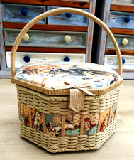 Vintage Woven Sewing Basket Box full of  sewing memorabilia