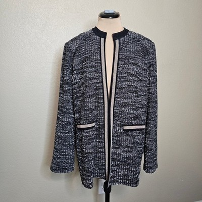 Misook Collection Black Silver Metallic Tweed Knit Jacket Open Cardigan Large