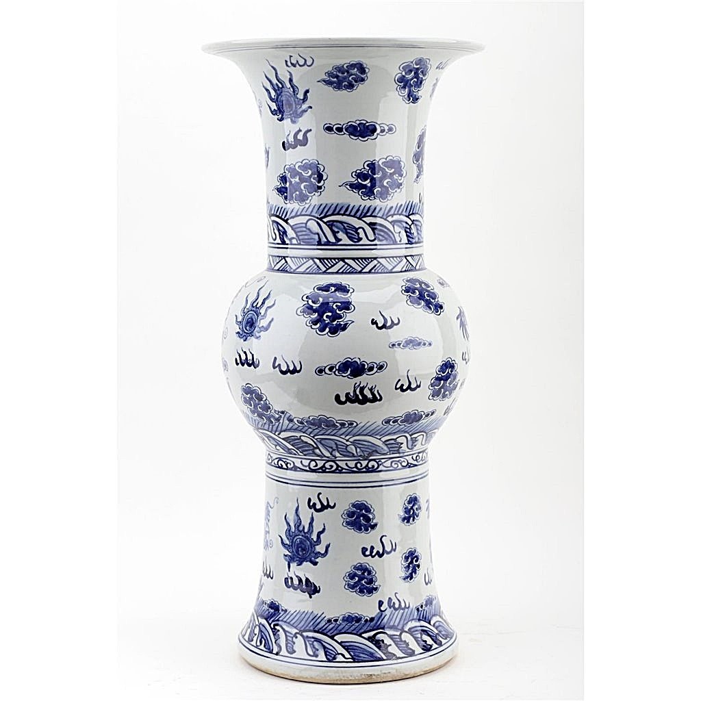 Blue, White Porcelain Chinoiserie Ritual Beaker/"Gu" Vase. Hand Painted-22.50"H