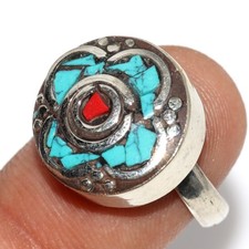 Nepali Tribal Tibetan Turquoise Red Coral Jewellery Ring Us FreeSize GW