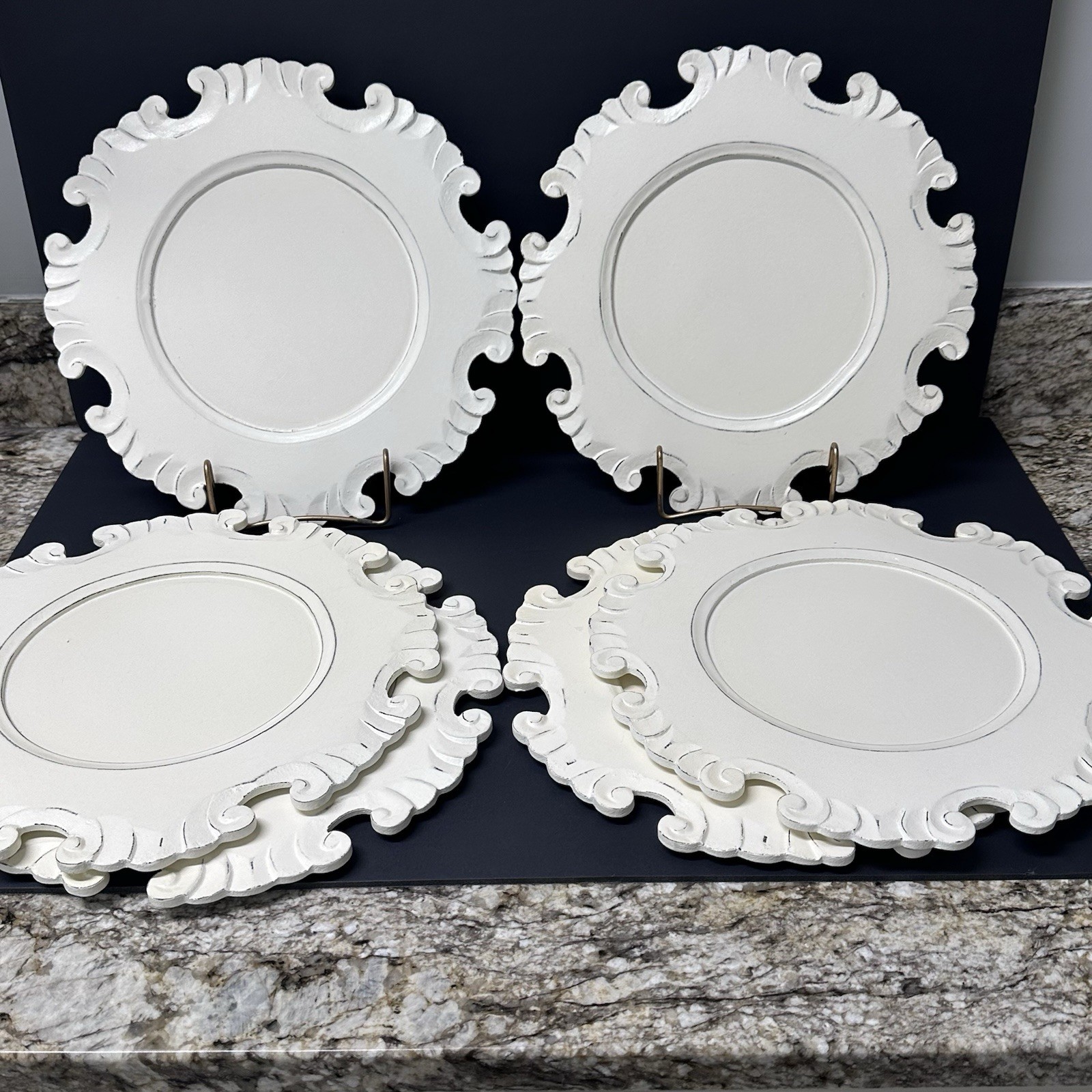 Set Of 6 Pier 1 Imports Charger Plates Carved Scalloped Off White Wooden 13.5"