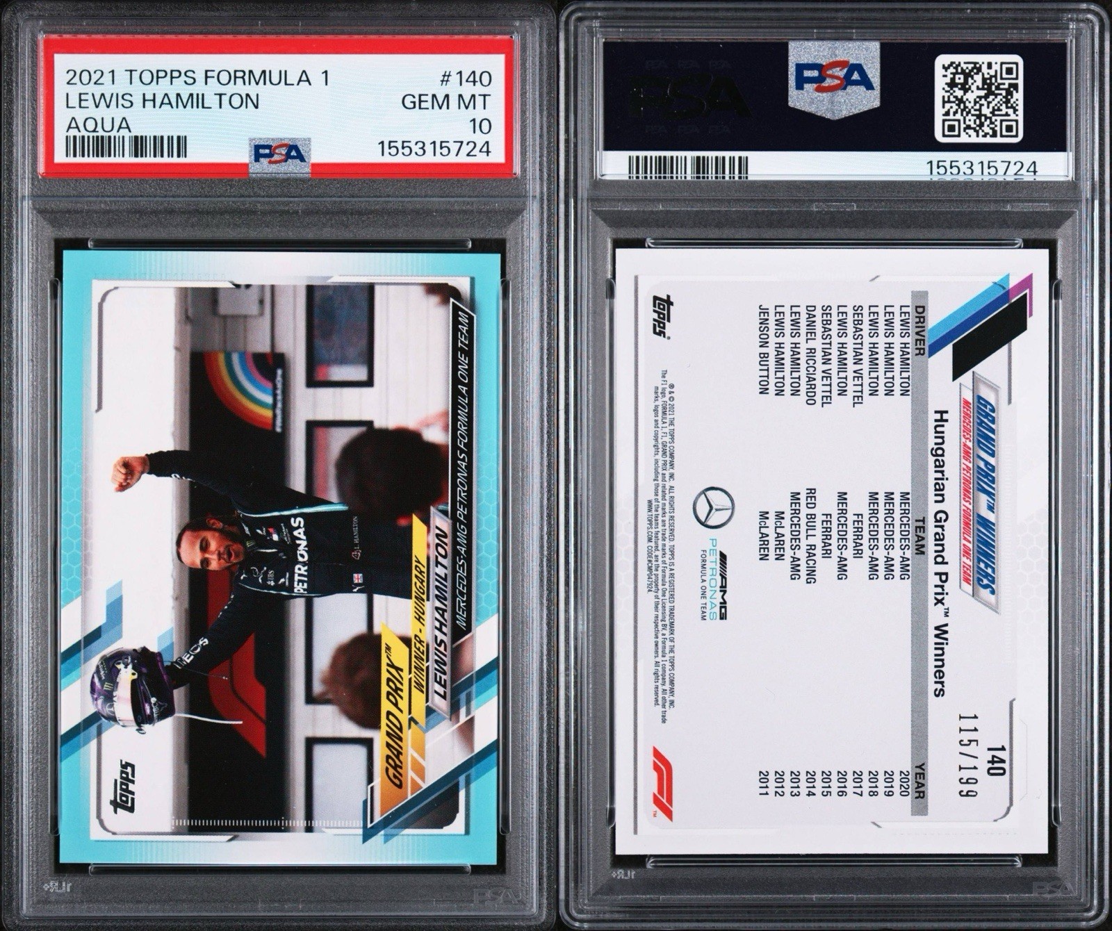 2021 TOPPS FORMULA 1 #140 LEWIS HAMILTON AQUA /199 PSA 10 view 3