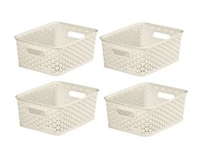 4 Small Cream Curver Rattan Storage Basket Plastic Desk Tray Tidy Shelf Box 4L