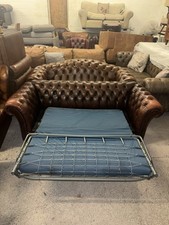 Chesterfield Brown Real Leather Three Seater Sofa Bed