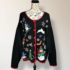 Vintage Nutcracker Black Ugly Christmas Cardigan Snowman Embroidered Sweater XL