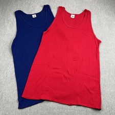 2 Vintage 70s Fruit Of The Loom Blank Ribbed Tank Tops Sz XL Red Blue USA Made