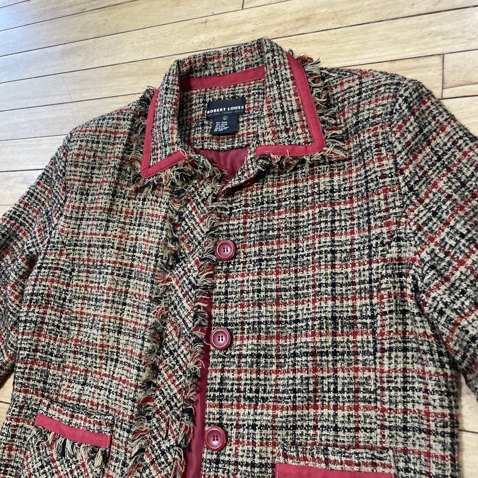 Blazer Robert Louis Tweed a Cuadros Tostado Negro Rojo Brillante Y2k Destintada Preparación Para Mujer L Foto 4 de 4