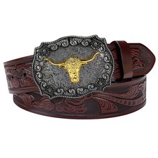 Barry.Wang Cowboy Belts 45'' Long Waist Size 35''-43'' , Silver Cattle Brown