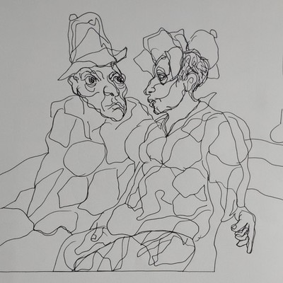 Original schwarze Tusche Portrait Strichzeichnung sitzendes Paar Figuren Gesichter FK Owen
