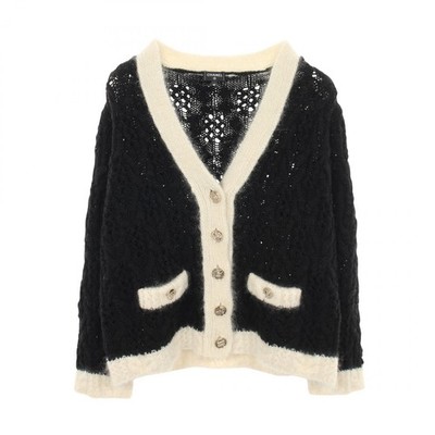 CHANEL COCO Mark Button Cable Knitwear Cardigan #40 wool silk