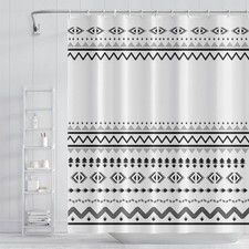 72x84 Abstract Shower Curtain, White Black Stripes Wave, Hooks, Geometric, Long