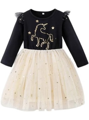 Toddler Girl Long Sleeve Black Yarn Skirt Horse Sequin in Beige Tops-SIZE 5/6