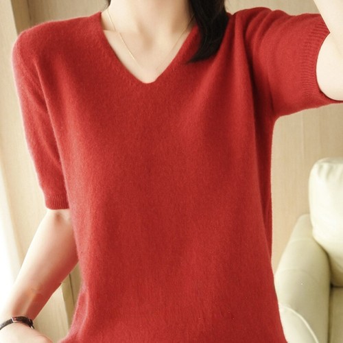 Women Short Sleeve Knitted Sweater Slim Faux Cashmere Pullover Bottoming Sweater - Afbeelding 1 van 28