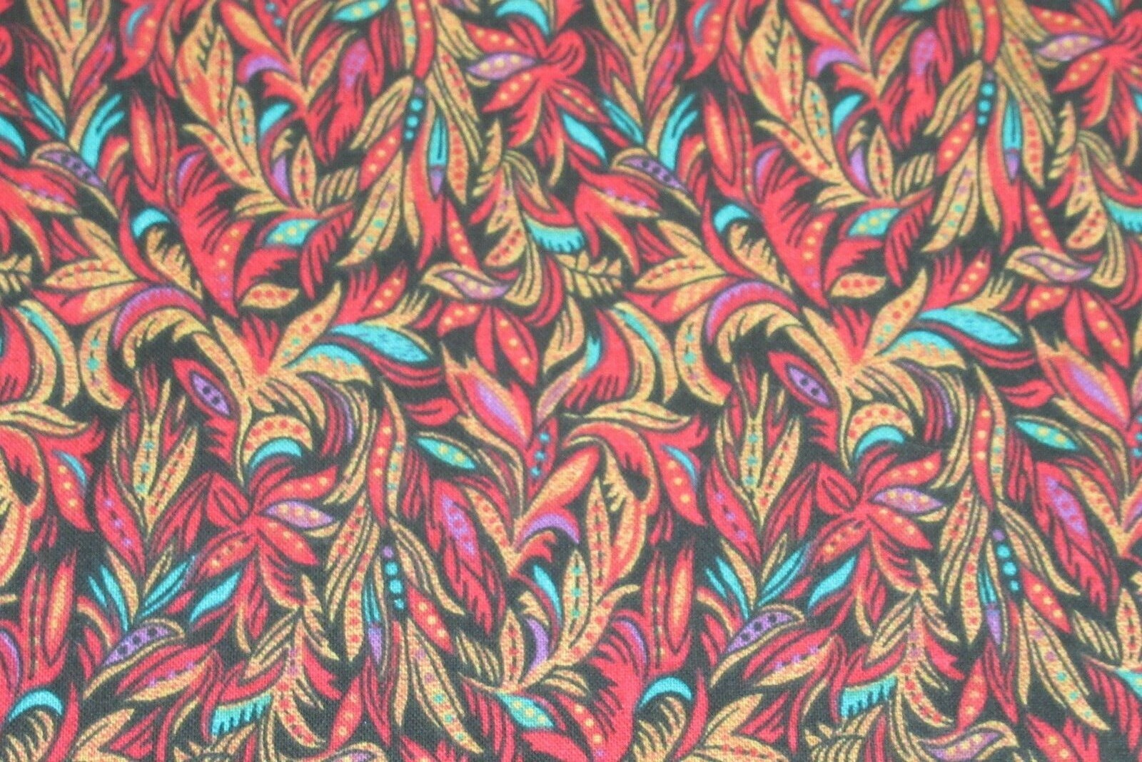 PETER PAN Fabric 100% Cotton YARDAGE Leaf/Feather Red-Orange Gold Aqua on Black