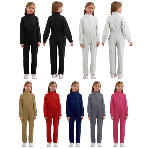 Kids Girls Jumpsuit With Pockets Bodysuit Long Sleeve Overalls Rompers Pants - Picture 3 of 70
