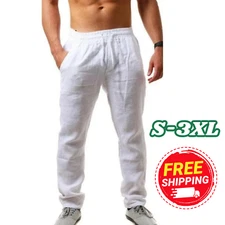 Men's Cotton Linen Trousers Breathable Casual Fitness Pants Summer Beach Gift