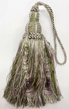 7" Key Tassel Olive Green Cream Lavender Beaded Tassel Fringe Lot Of 2 Tassels