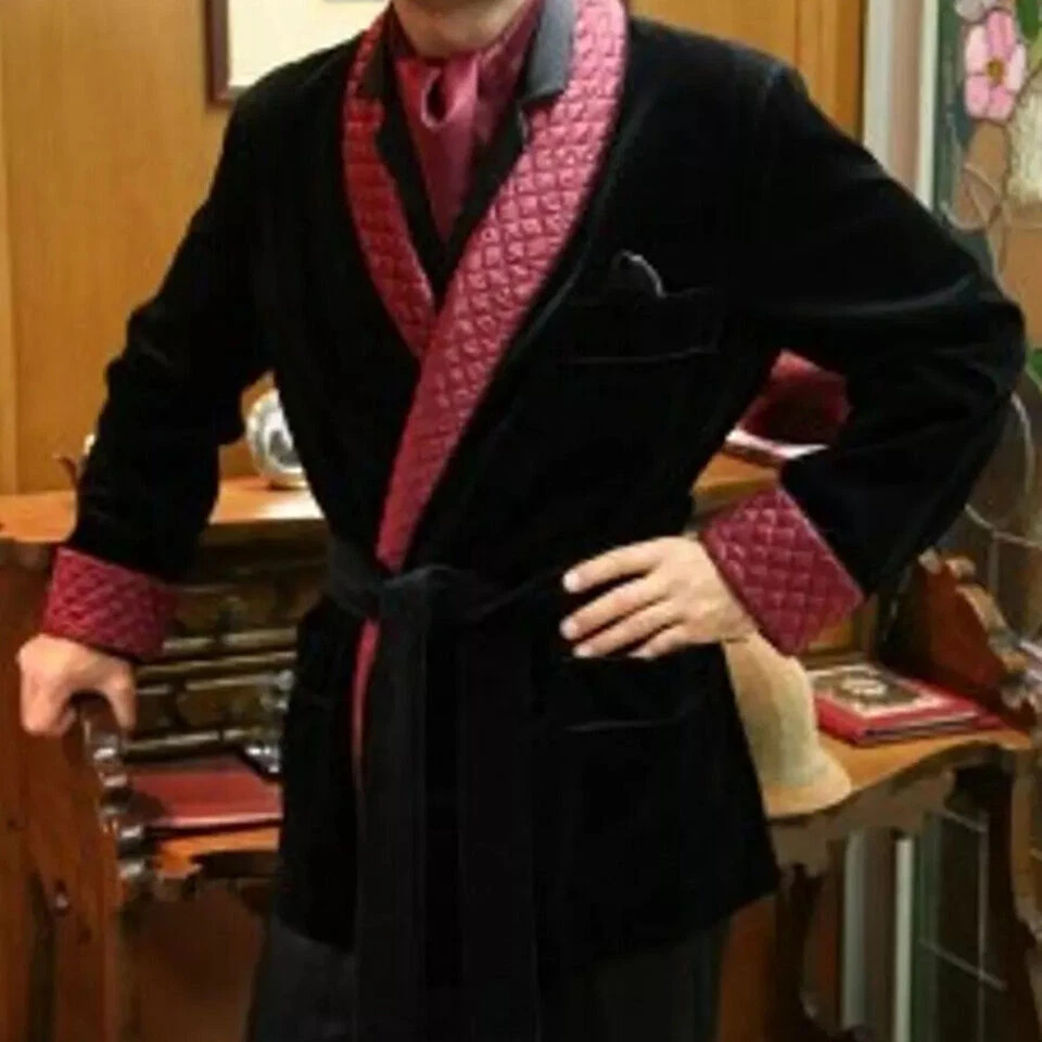 Бархатная мужская черная курительная куртка свадебный ужин вечеринка жених одежда халат с ремнем - Изображение 3 из 4