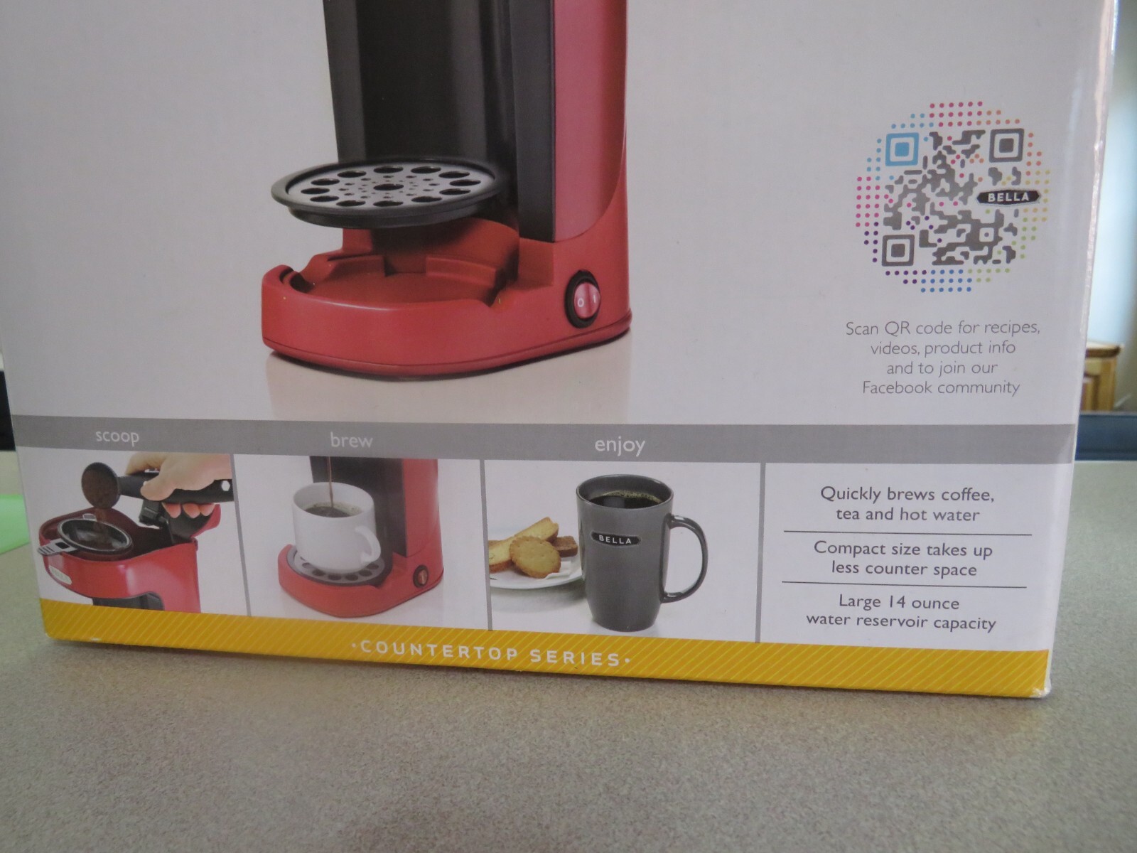 BELLA One Scoop One Cup Coffee Maker, Red and Stainless Steel with mug