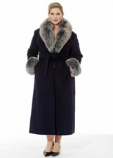 Plus Size Long Navy Blue Pure Cashmere Coat With Navy Frost Fox Trim