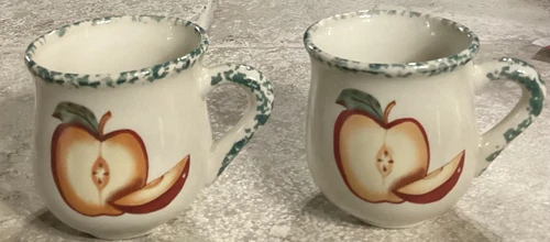 Set Of 2 ~ Vintage Stoneware Apple Coffee Cups ~ 3”
