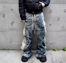 Men's Blue Denim Jeans Straight Leg Multi Pockets Punk Hip Hop Pants Trousers